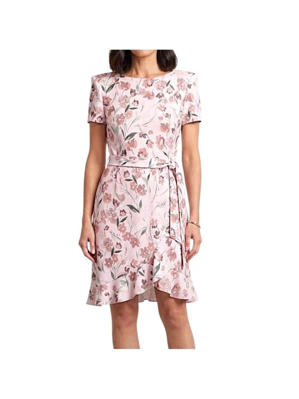 Calvin Klein pink floral ruffle stretchy vintage inspired bold shoulder dress 4P